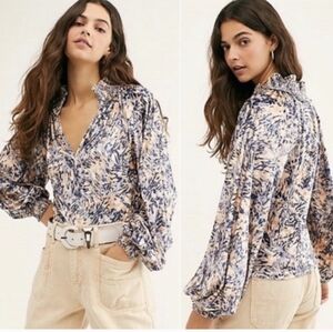 Free People Go Get Em Crushed Velvet Print Balloon Sleeve V-Neckine Blouse(S)